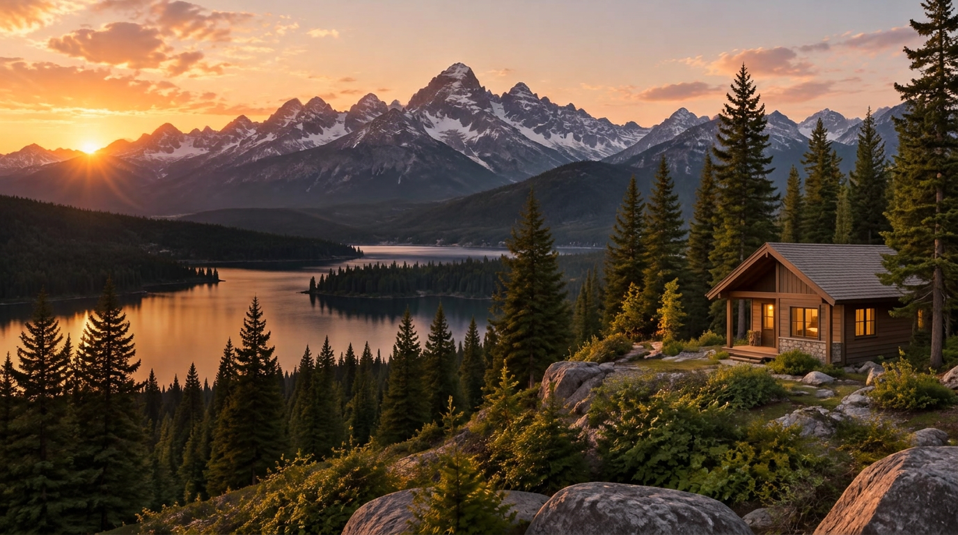 Mountain range and alpine lake at sunset with a warm contemporary home on the ridge