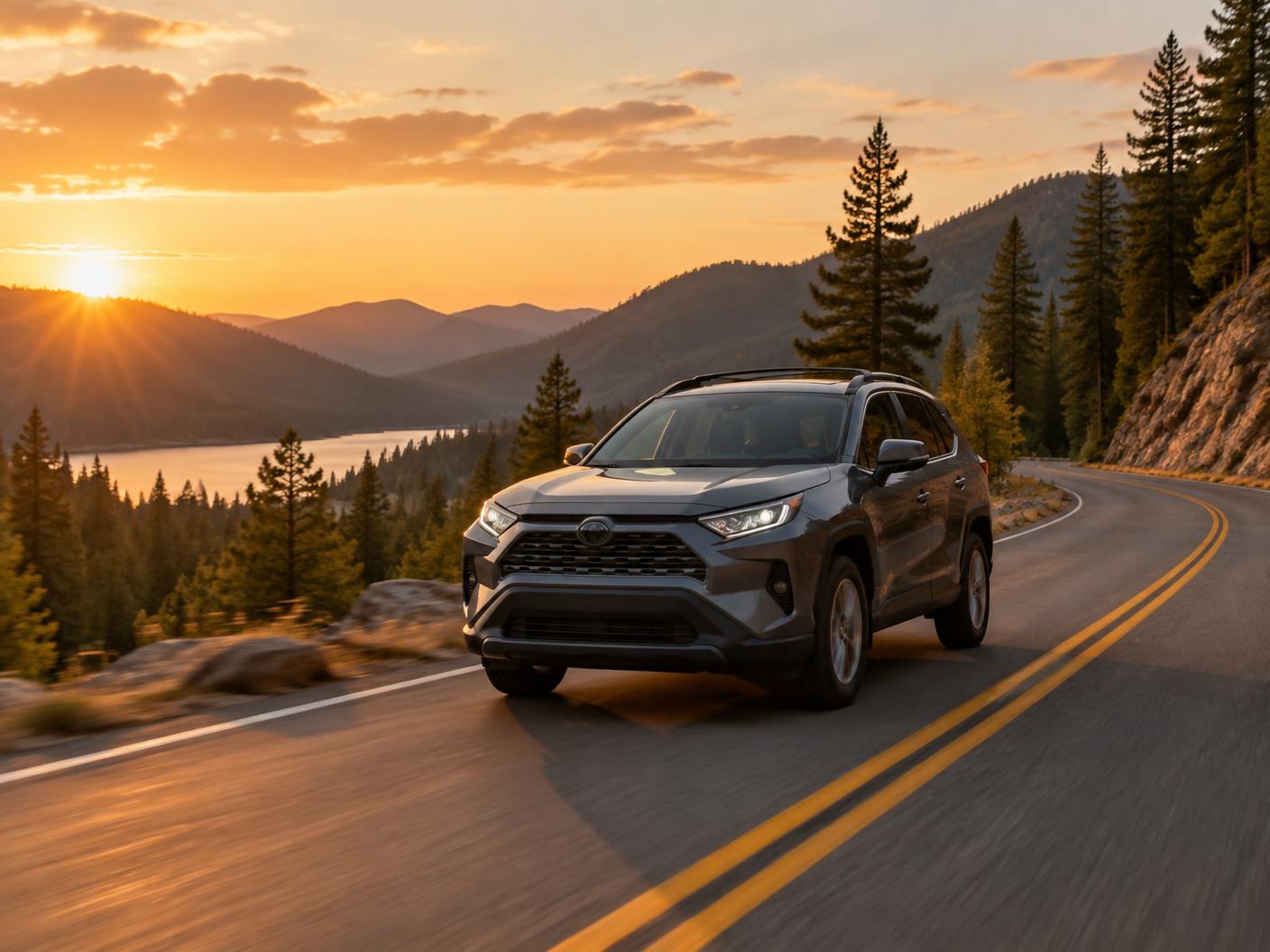 A family SUV on a scenic mountain road at golden hour