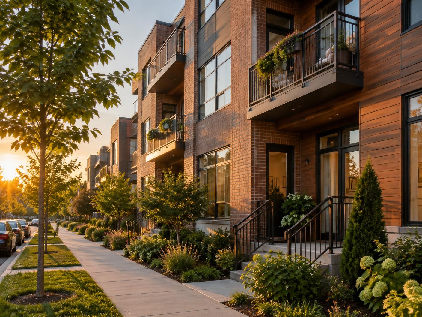 A modern townhome row on a tree-lined neighborhood street