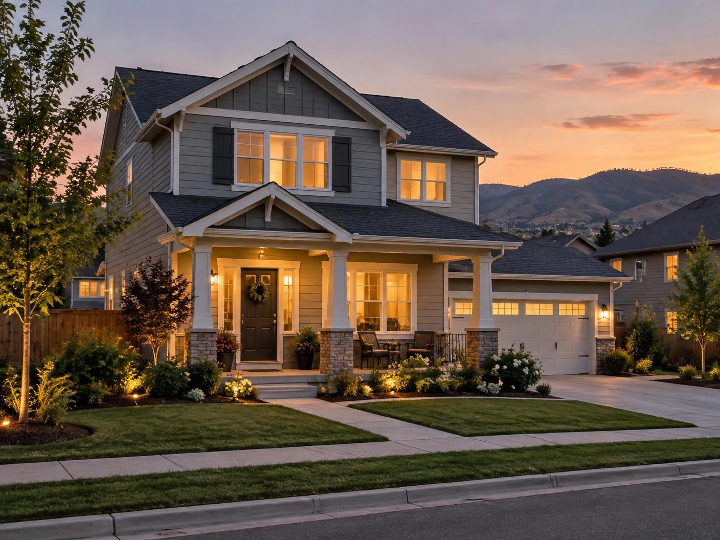 A well-kept family home glowing at dusk in a quiet neighborhood