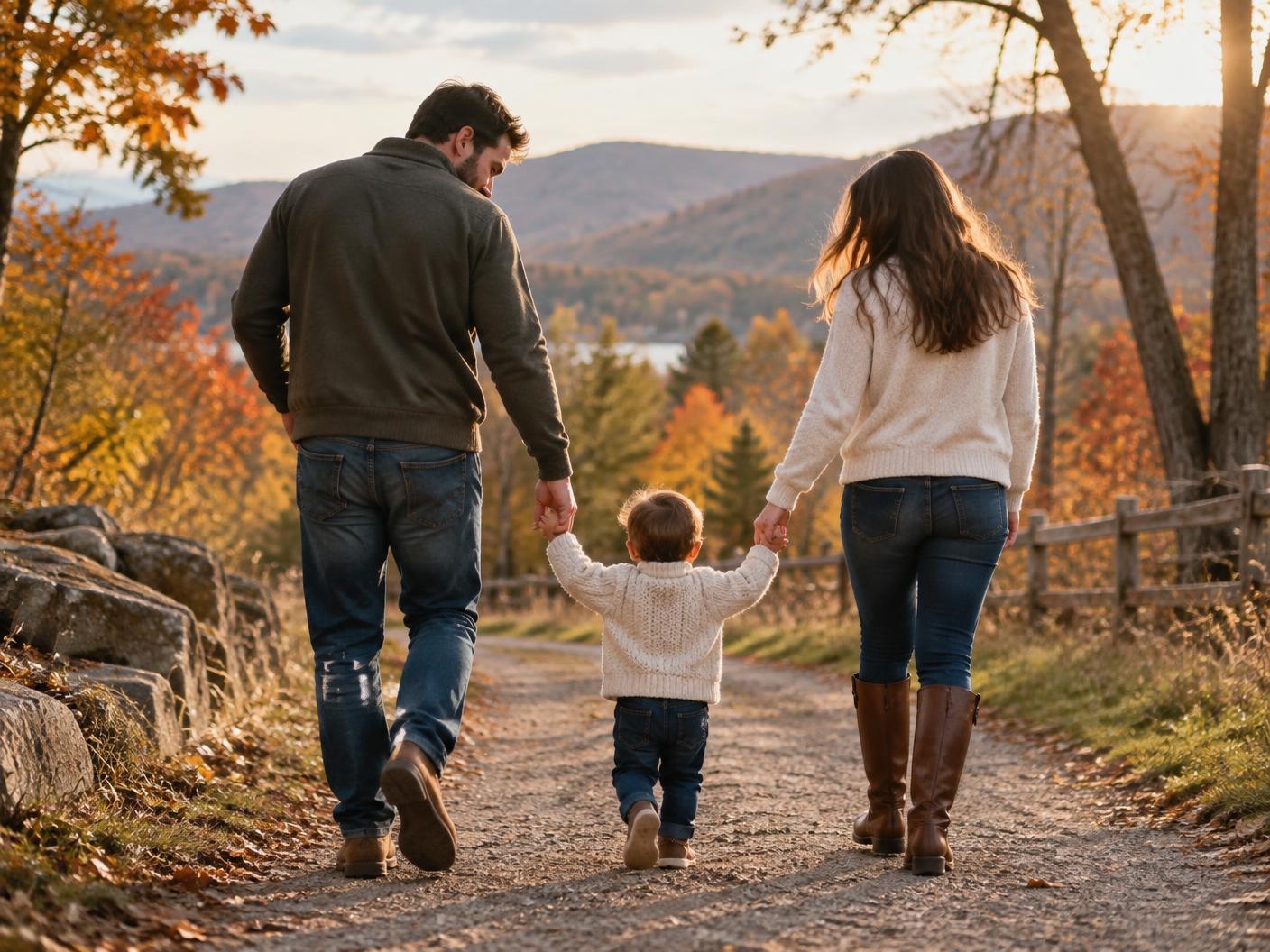Parents walking a trail holding hands with their young child