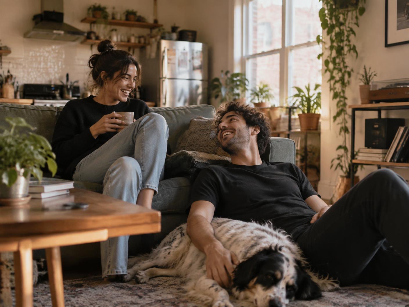 A young couple relaxing with their dog in a rented apartment