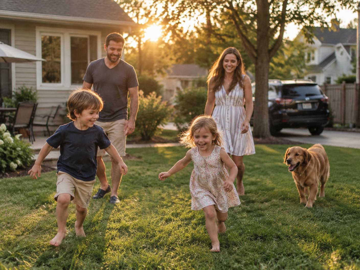 A family playing in the backyard of their suburban home