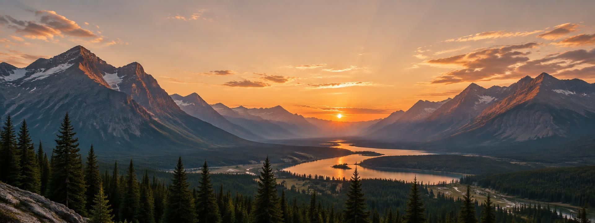 Mountain valley glowing at sunset