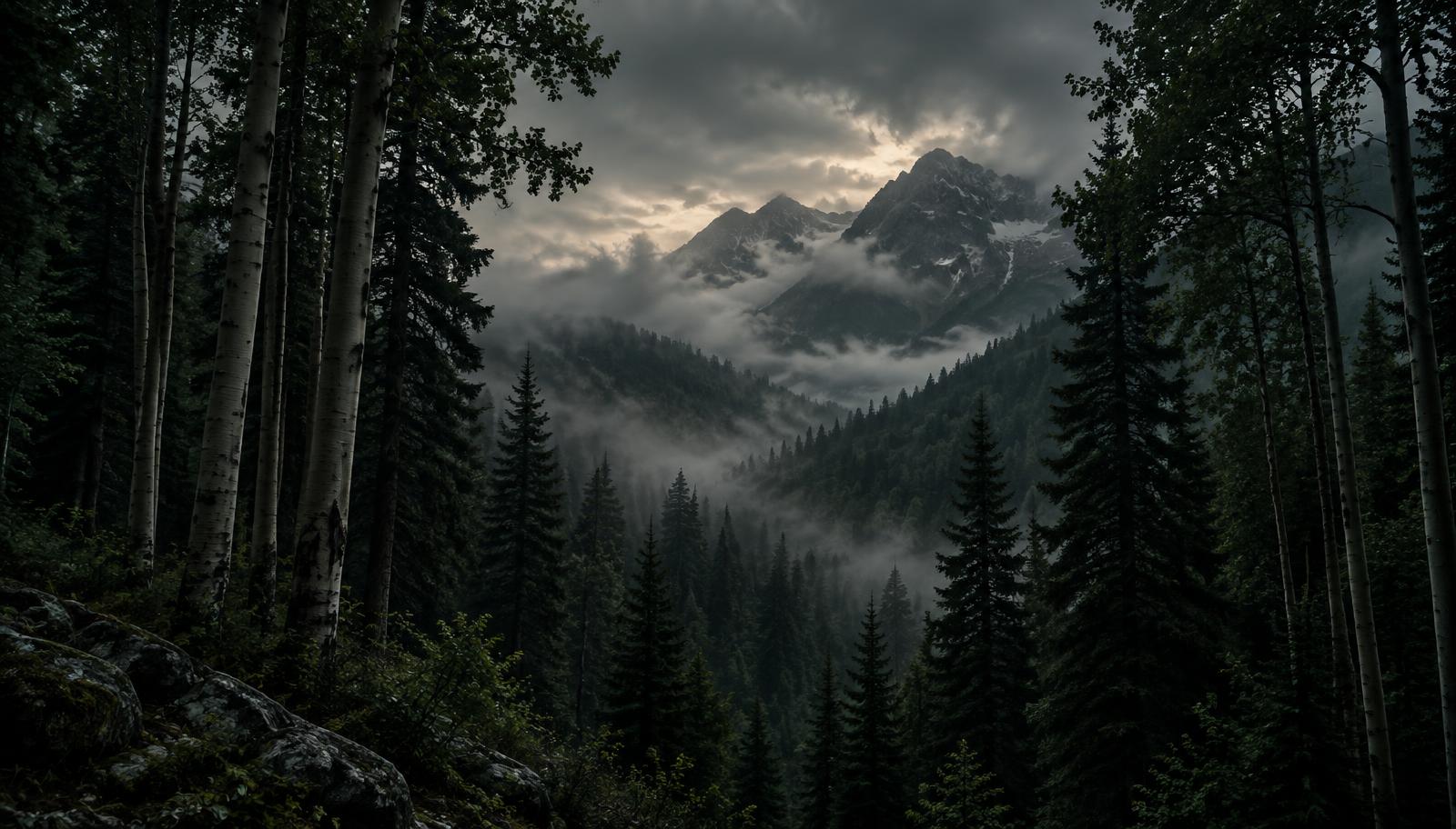 Mist drifting through a dark forest below mountain peaks