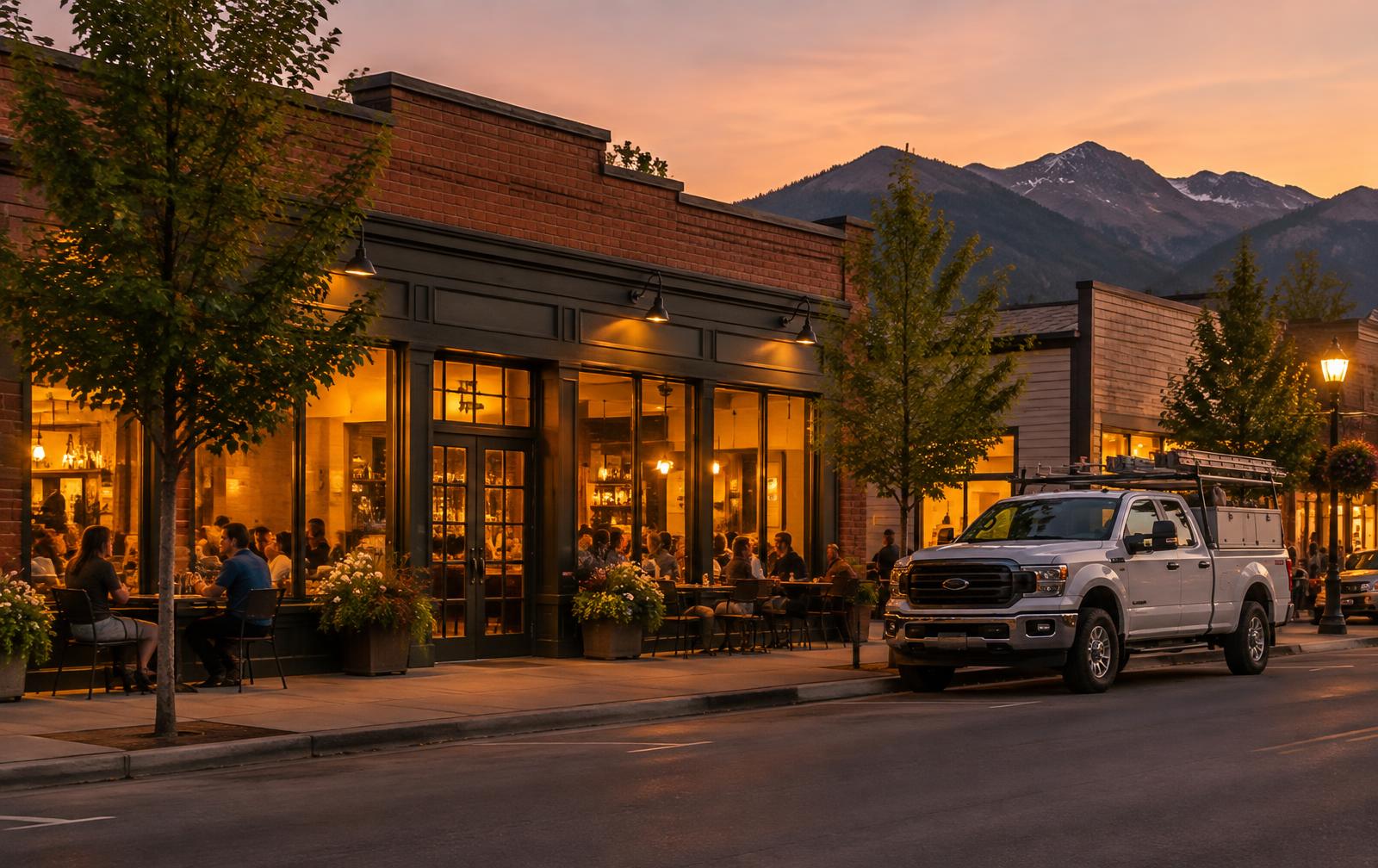 A busy local restaurant and small main-street shops at dusk with a contractor’s truck parked outside